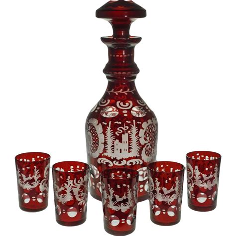 Title Early Bohemian Red Ruby Glass Decanter Set 5 Cordial Shots