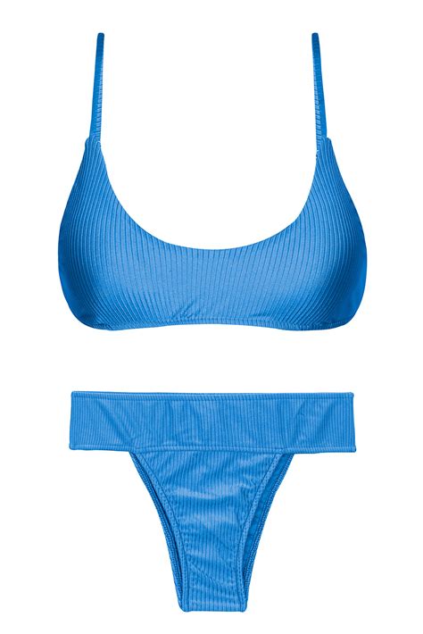 Wide Waist Textured Blue Bikini With Bralette Top Set Eden Enseada
