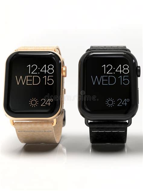 slimme horloges apple horloge  goud en zwarte op wit redactionele stock afbeelding