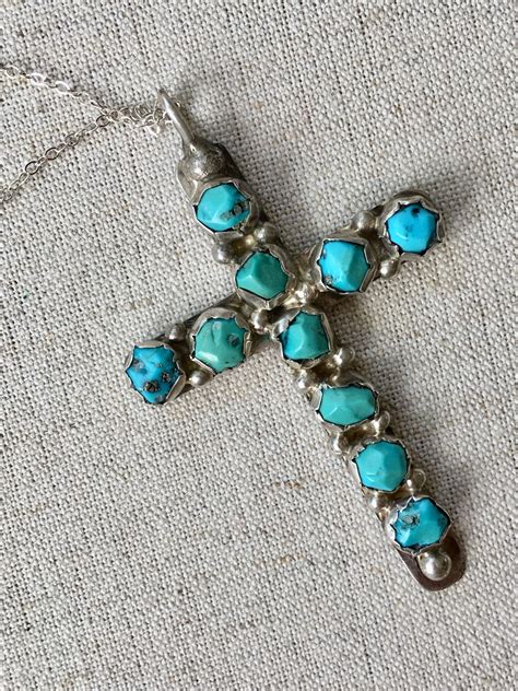 large turquoise cross pendant sterling silver vintage patina native