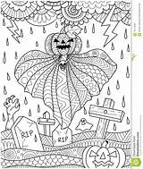 Coloring Adult Graveyard Rain Flying Illustration Vector Thunder Pumpkin Ghost Storm Above Poster Card Book Preview sketch template
