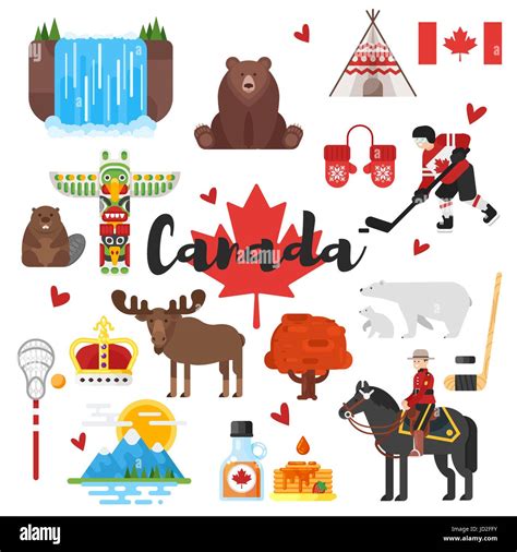 vector flat style set  canadian national cultural symbols icon  web isolated  white
