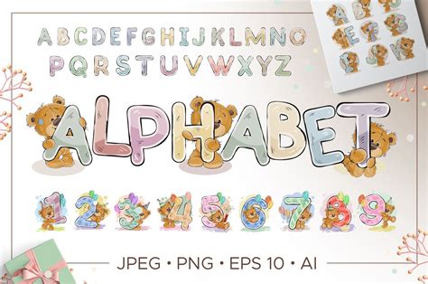 kids alphabet  cartoon bear  illustrations design bundles