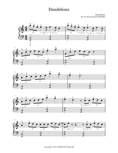 dandelions ruth  easy piano sheet   piano solo musescorecom