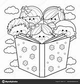 Book Coloring Kids Reading Illustration Group Stock Children Together Big Vector Getdrawings Drawing Alamy Depositphotos sketch template
