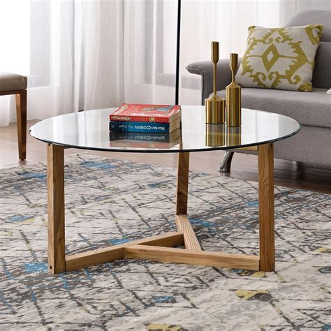 Harper And Bright Designs 36 In Oak Medium Round Glass Coffee Table