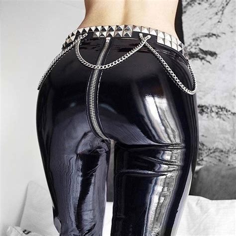 women sexy pu leather pants high waist zipper leggings push  latex rubber pants black red