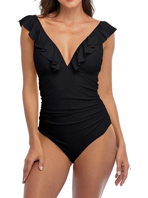 Ruffle One Piece Swimsuits For Women V Neck Ruched Monokini Bathing