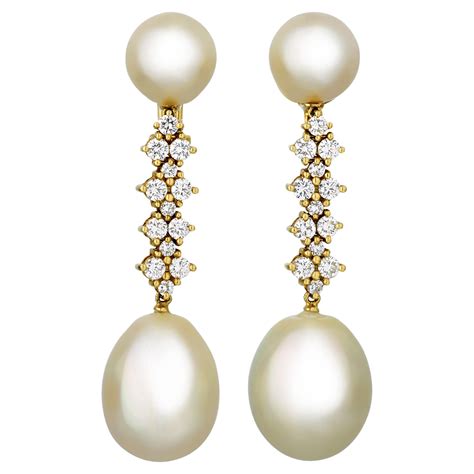 Golden South Seas Pearl And Diamond Drop Earrings In Yellow Gold For