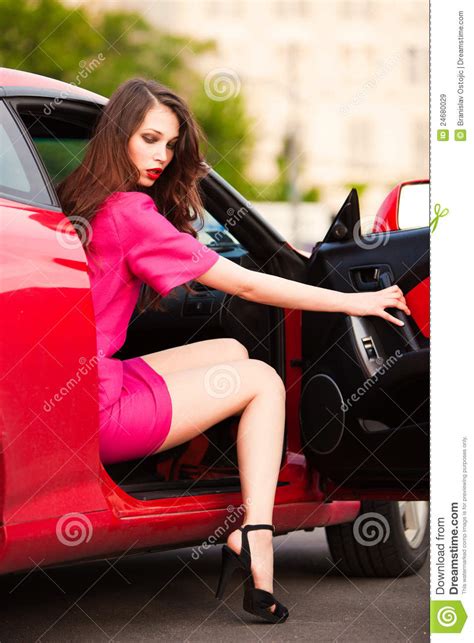 Stylish Woman In Red Car Stock Image Image Of Heels
