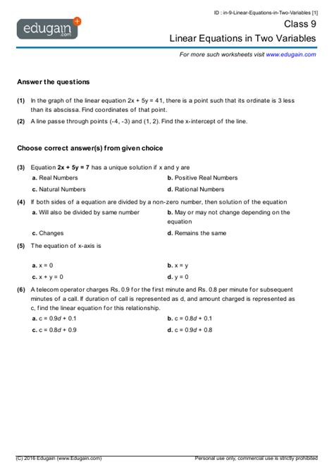 year  math worksheets  problems linear equations   variables