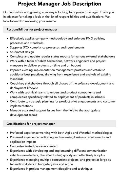 Project Manager Job Description Velvet Jobs