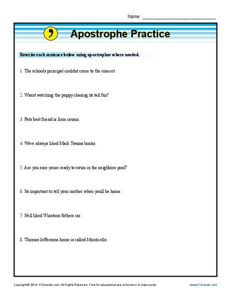 apostrophe practice worksheet    grade lesson planet