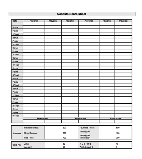 sample canasta score sheet  documents