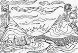 Paisagem Fantasia Montanha Nuvole Conduce Creativa Coloritura Montagna Paesaggio Che Trippy Tecknad Colorindo Criativa Sooo Tram Vektor sketch template