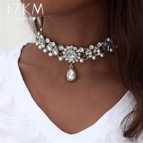 km collar crystal choker necklace pendant  women boho beads vintage simulated pearl