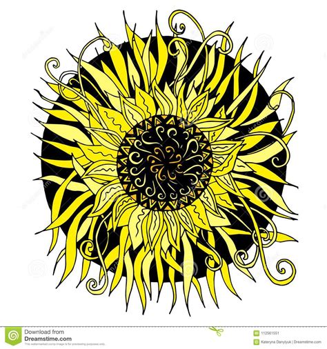 hand drawn vector black and yellow mandala doodle style