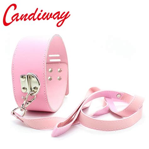 candiway bdsm sexy pink lock sex collar leash chain pu leather bondage