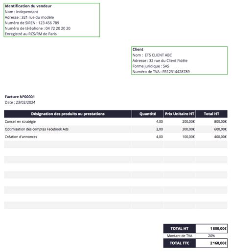 exemple contrat facture prestation de service modele facture format