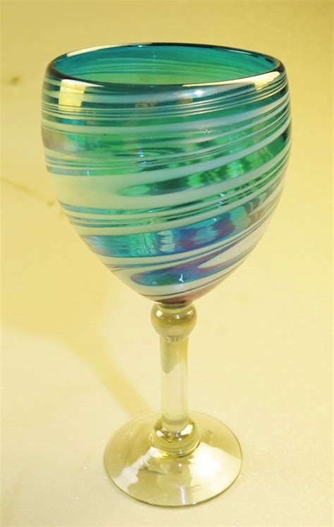 Wine Glass Hand Blown 14oz Turquoise And White Swirl