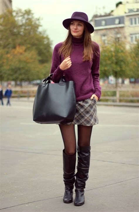 black tights and long dark brown boots with plaid skirt and plum