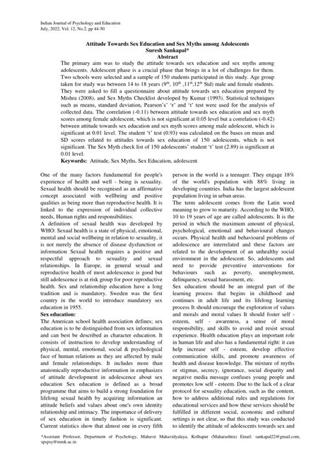 Pdf Attitude Towards Sex Education And Sex Myths Among Adolescents