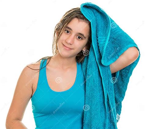 Pretty Teenage Girl Drying Her Wet Hair With A Towel Stock Image