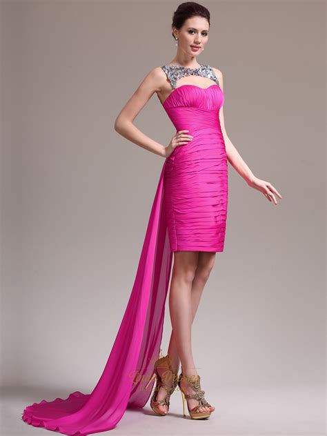 Hot Pink Strapless Ruched Cocktail Dress Short In Front Long In Back