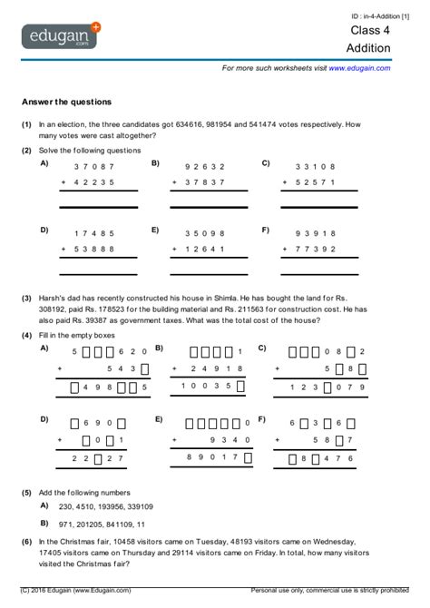 grade  addition worksheets math worksheets printable grade  math