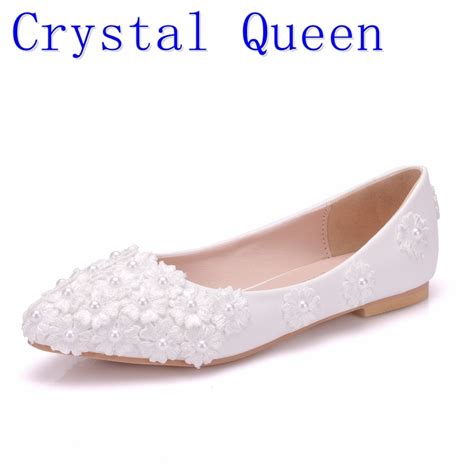 Crystal Queen Ballet Flats White Pearl Lace Wedding Shoes Flat Heel