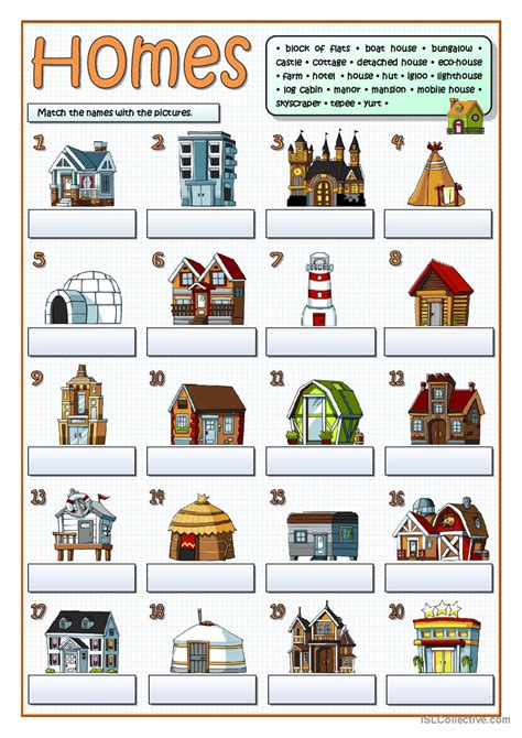 types  homes picture description english esl worksheets
