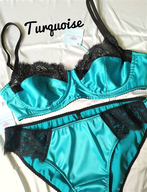 Teal Black Satin Lingerie Set Sexy Lace Bra Erotic Silky Etsy