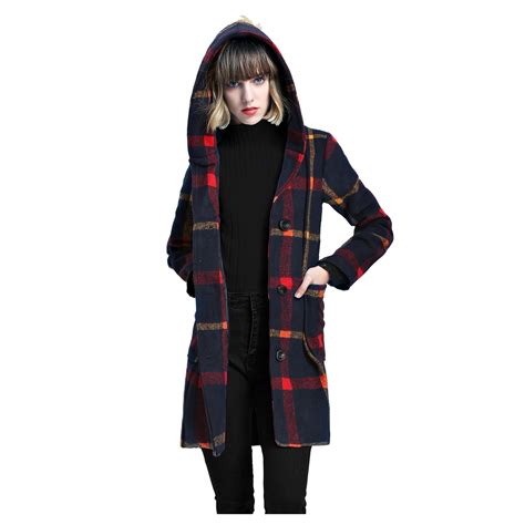 women new fashion winter woolen blend slim plaid hooded coat jacket