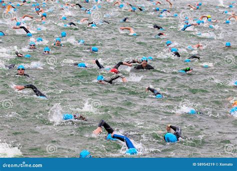 triathletes swim  start   triathlon competition  moscow river