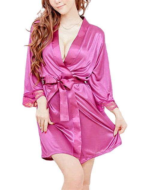 Citgeett Pure Color Satin Short Silky Bathrobe Sleepwear Nightgown