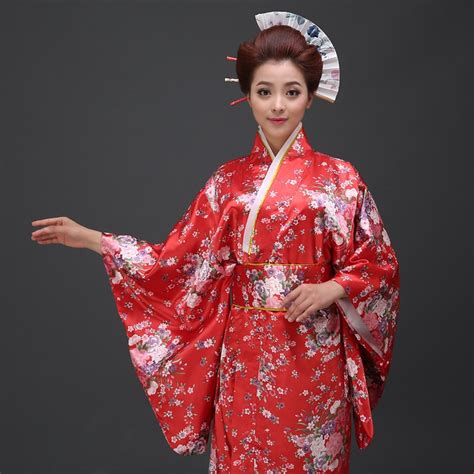 Red Vintage Japanese Kimono Yukata Haori Costume Retro Women Dress Obi