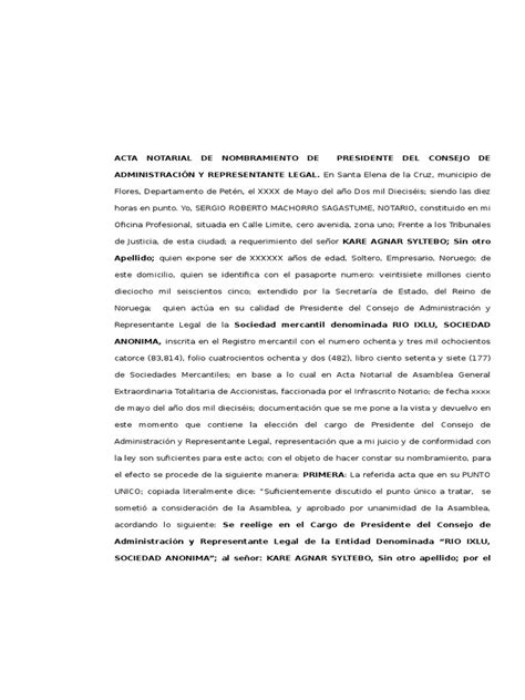 Acta Notarial De Nombramiento De Representante Legal Rio Ixlu Y Red