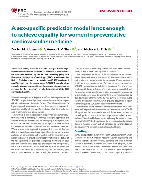 Pdf A Sex Specific Prediction Model Is Not Enough To Achieve Equality