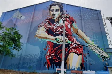 pv sindhu shares   feet wall art  sardar patel stadium
