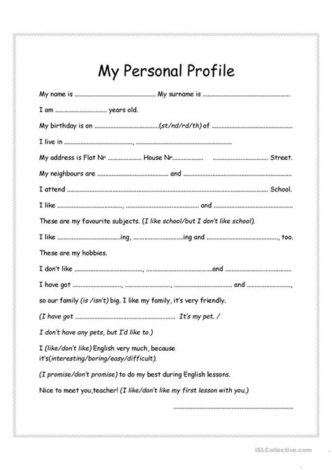 My Personal Profile English Esl Worksheets For Distance Learning And