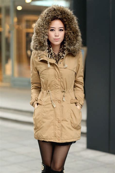 womens winter coats faux fur lining parka  fur hood  ochre  luulla