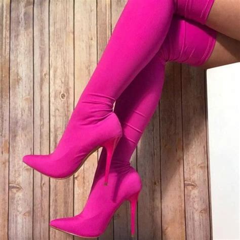 Hot Pink Lycra Tight Thigh High Heel Boots For Women