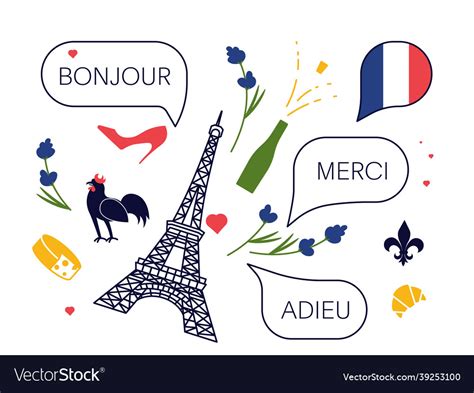 set  traditional french culture symbols objects vector image