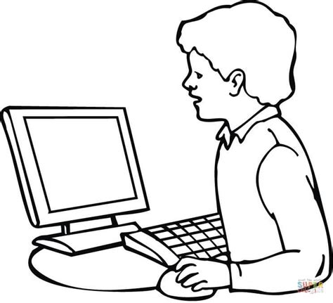 boy searching  information   internet coloring page