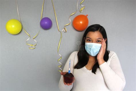 Latina With Black Hair With Protection Mask Cake Colored Balloons