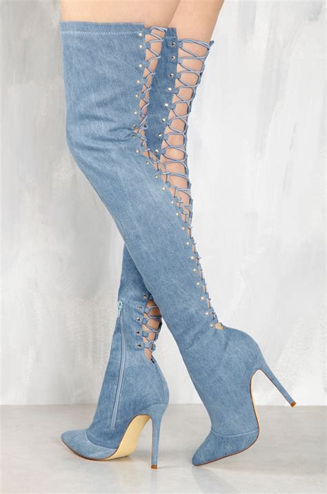 Newest Style Women Over The Knee Boots Back Cut Out Lace Up Denim High