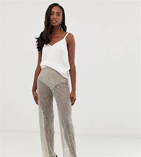 asos design tall broek met wijde pijpen  mesh met versiering grijs tall fashion