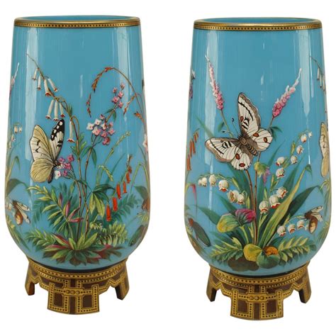 pair   century french mounted blue opaline vases  butterflies  sale  stdibs