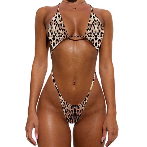 Women Leopard Print Ruffles Strappy Ruffles Bandage Cross Hollow Bikini