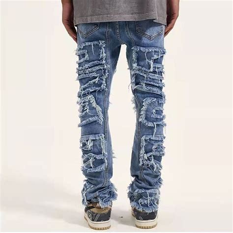 men streetwear stacked blue denim jeans yk distressed jeans etsy